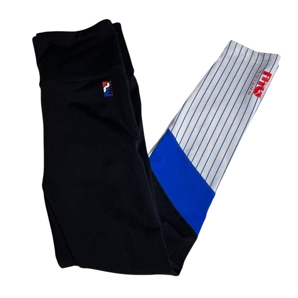 PE Nation Leggings Black White Blue Stripe Athletic Workout Medium